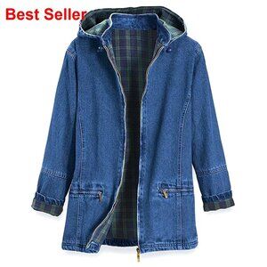 Women's Flannel Lined Denim Jacket with Detachable Hood, Zip Pockets